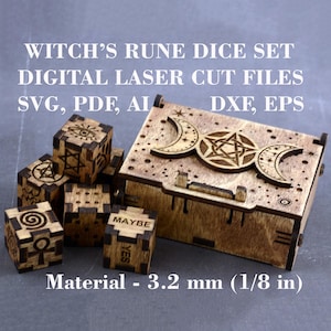 May include: A set of wooden rune dice with a wooden box. The dice are engraved with various symbols and the box has a triple moon symbol on the lid. The text "WITCH'S RUNE DICE SET DIGITAL LASER CUT FILES SVG, PDF, AI DXF, EPS Material - 3.2 mm (1/8 in)" is visible on the image.