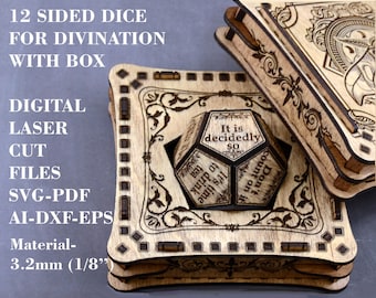 Divination dice with gift box SVG Fortune telling 12 sided dice SVG Divination tool Digital laser cut files Glowforge files LightBurn files