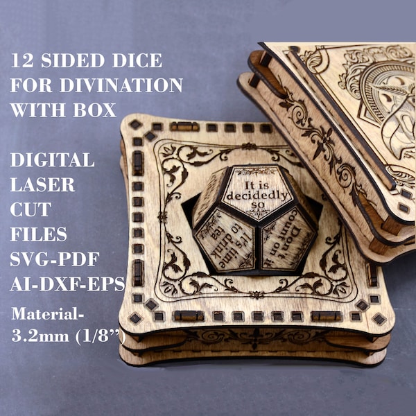 Divination dice with gift box SVG Fortune telling 12 sided dice SVG Divination tool Digital laser cut files Glowforge files LightBurn files