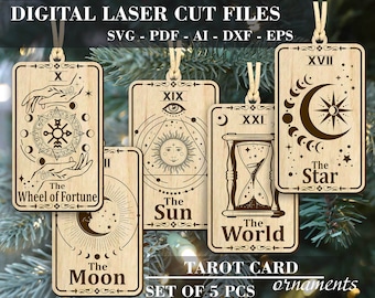 Tarot card ornament SVG, Set of 5 pcs Witch Christmas ornament SVG, Yule tree ornaments svg, Digital Laser cut files GlowForge files