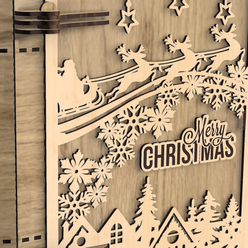 Peut inclure: D&eacute;coration de No&euml;l en bois d&eacute;coup&eacute;e au laser. Elle repr&eacute;sente le P&egrave;re No&euml;l dans un tra&icirc;neau tir&eacute; par des rennes, des flocons de neige, des &eacute;toiles et l'inscription "Merry Christmas". Le design comprend &eacute;galement un village avec des maisons et des arbres.