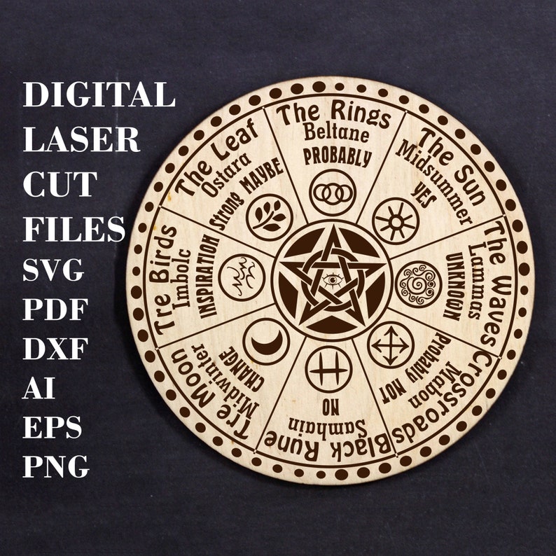 K&ouml;nnte beinhalten: Ein Holzrad mit einem Pentagramm in der Mitte und acht Abschnitten am Rand. Jeder Abschnitt hat einen Namen und ein Symbol. Die Namen sind "The Leaf", "The Rings", "The Sun", "The Waves", "Tre Moon", "Black Rune", "Crossroads" und "Tre Birds".