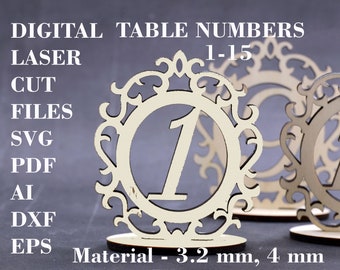 Wooden Table numbers SVG, Wedding table number template with 1-15 numbers, GlowForge files, Digital laser cut files