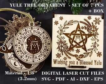 Wooden Yule tree ornament SVG Set of 7 pcs with box svg Winter Solstice ornament svg Witch Christmas Digital Laser cut file GlowForge files