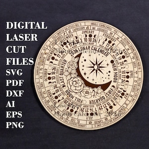 Calendario lunare floreale 2026 con supporto SVG Calendario lunare rotondo SVG Ruota dell'anno Decorazioni stregoneria File digitale tagliato al laser GlowForge
