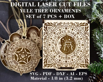 Laser cut Yule tree ornaments file Set of 7 pcs with gift box SVG Winter Solstice ornament svg Witch Christmas Digital GlowForge files