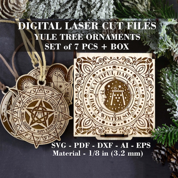 Laser cut Yule tree ornaments file Set of 7 pcs with gift box SVG Winter Solstice ornament svg Witch Christmas Digital GlowForge files