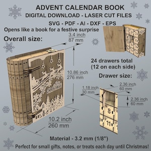 Peut inclure: Livre de calendrier de l'Avent en bois d&eacute;coup&eacute; au laser sur le th&egrave;me de No&euml;l. La taille totale est de 260 mm par 276 mm par 87 mm. Il comporte 24 tiroirs, chacun de 60 mm par 60 mm, et s'ouvre comme un livre. Le texte dit "Merry Christmas".