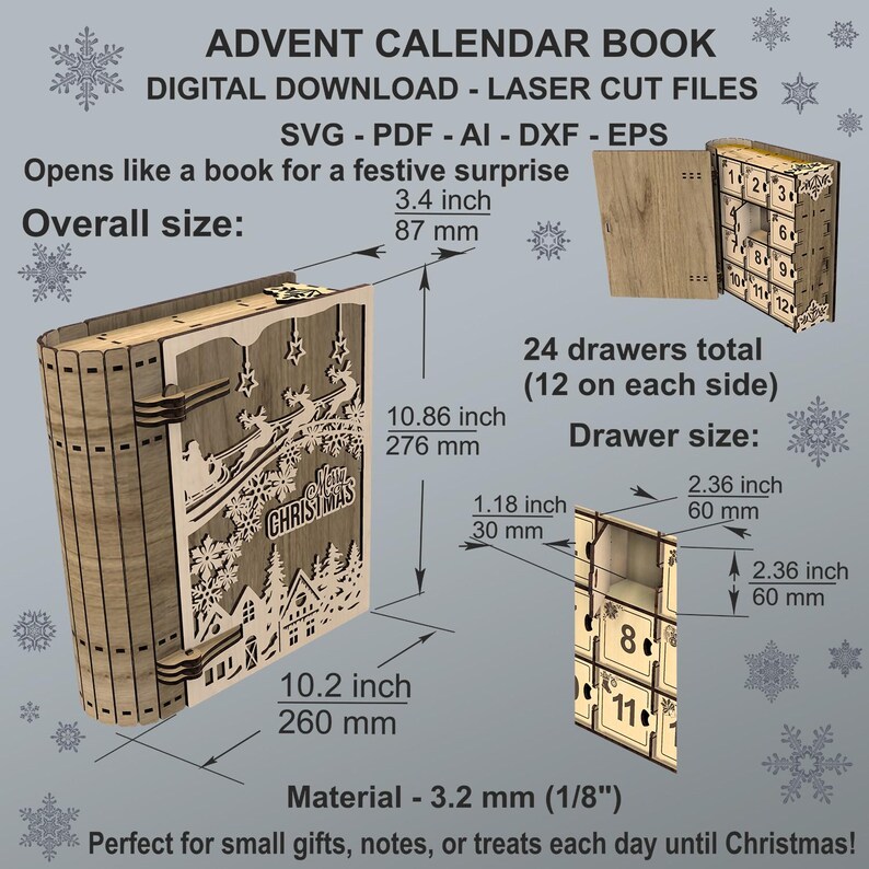 Peut inclure: Livre de calendrier de l'Avent en bois d&eacute;coup&eacute; au laser sur le th&egrave;me de No&euml;l. La taille totale est de 260 mm par 276 mm par 87 mm. Il comporte 24 tiroirs, chacun de 60 mm par 60 mm, et s'ouvre comme un livre. Le texte dit "Merry Christmas".