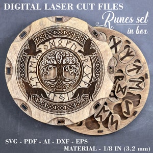 Scandinavian runes set in box SVG Wooden runes SVG Tree of life decor Digital laser cut files GlowForge files Material - 1/8&quot; (3.2 mm)