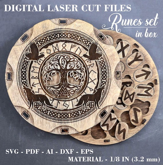 Scandinavian runes set in box SVG Wooden runes SVG Tree of life decor Digital laser cut files GlowForge files Material - 1/8" (3.2 mm)