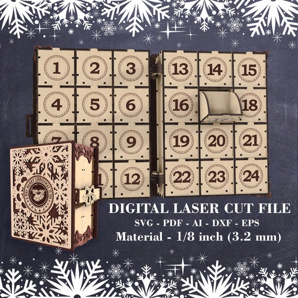 Calendrier de l'Avent de Noël fichier découpé au laser Décor de Noël svg Fichiers GlowForge Fichiers Lightburn Fichiers Xtool Matériel - 1/8" (3,2 mm)