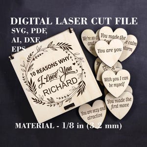 Personalizable 10 razones por las que te amo caja con corazones SVG Archivo láser del día de San Valentín Archivos GlowForge Archivo Lightburn Material - 1/8" (3,2 mm)