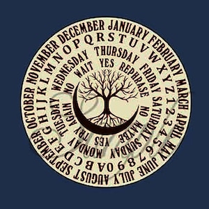 May include: A beige circle with a black tree and crescent moon in the center. The circle is surrounded by a ring of text that includes the days of the week, months of the year, and letters of the alphabet.