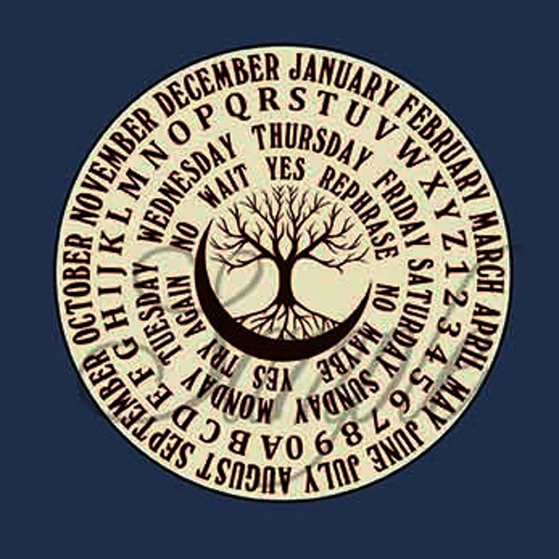 May include: A beige circle with a black tree and crescent moon in the center. The circle is surrounded by a ring of text that includes the days of the week, months of the year, and letters of the alphabet.