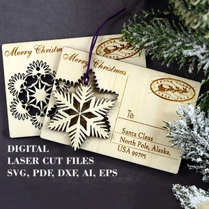 Personalized Snowflake Christmas greeting card with stand SVG Digital Laser cut files GlowForge files Material 3 mm