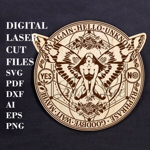 May include: A circular wooden sign with a brown butterfly design and a woman figure in the center. The sign features a geometric pattern with the words "Try Again", "Hello", "Unknown", "Goodbye", "Wait", "Rephrase", "Yes", and "No" around the edge.