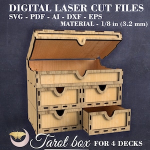 Tarot en kristallen opbergdoos SVG Tarot box voor 4 dekken SVG Tarot organisator SVG Hekserij doos Digitaal lasergesneden bestand Materiaal - 3,2 mm