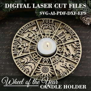 May include: A wooden wheel of the year candle holder with eight sections, each representing a different sabbat. The sections are labeled with the names of the sabbats: Samhain, Yule, Imbolc, Ostara, Beltane, Litha, Lammas, and Mabon. The candle holder is designed to hold a tea light candle in the center.