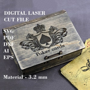Pudełko na karty pokerowe SVG, Pudełko na karty do gry SVG, Małe drewniane pudełko SVG, Pudełko na biżuterię SVG, Pliki do cyfrowego cięcia laserowego, Pliki GlowForge, Materiał - 3,2 mm