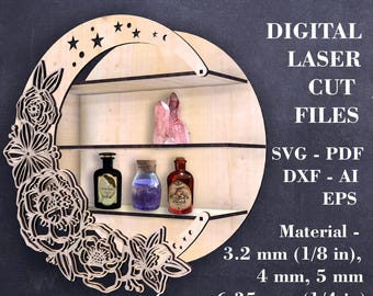 Floral Moon Regal SVG, Kristall Wandregal Laser-Datei, Digitale Glowforge-Datei, 2 Größen, 3,2 mm (1/8 ") 4 mm, 5 mm, 6 mm, 6,35 mm (1/4"")