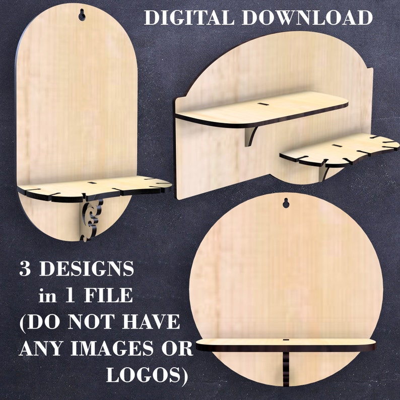 Puede incluir: Tres dise&ntilde;os de descarga digital para una estanter&iacute;a de madera. Los dise&ntilde;os incluyen un rect&aacute;ngulo redondeado, un rect&aacute;ngulo curvo y un c&iacute;rculo. Cada dise&ntilde;o tiene una estanter&iacute;a con un detalle decorativo. El texto "3 DESIGNS in 1 FILE (DO NOT HAVE ANY IMAGES OR LOGOS)" se muestra debajo de los dise&ntilde;os.