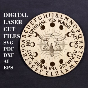 May include: A wooden Ouija board with a skull and crossbones design. The board has letters, numbers, and the words "Yes", "No", "Maybe", "Wait", and "Rephrase".
