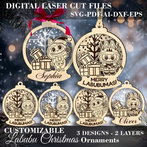 Aanpasbare 3 Labubu kerstversieringen SVG - Merry Labubumas SVG - 2-laags vakantiedecor - digitale lasergesneden bestanden GlowForge Lightburn