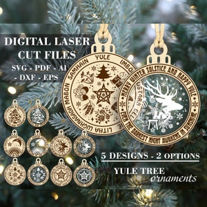 Adorno del solsticio de invierno SVG, Conjunto de 5 piezas Adorno de Yule SVG, Adornos paganos svg, Archivos de corte láser digital de Navidad de bruja Archivos GlowForge