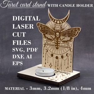 Death Head Motte Tarot Kartenständer SVG Tarot Display Karte mit Kerzenhalter Altar Reisen svg Acherontia Atropos svg Digital GlowForge Datei