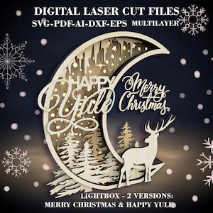 Crescent Moon Lightbox SVG - Merry Christmas & Happy Yule Decor - Multilayer Laser cut files - Christmas Moon Standing light up