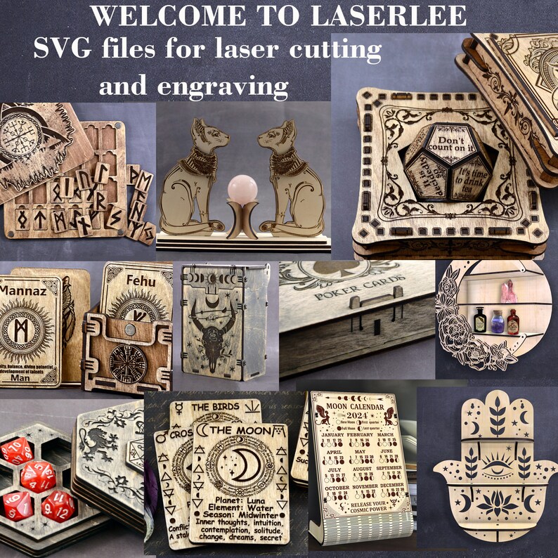 May include: A collection of laser cut wooden crafts, including a moon calendar, a dice tray, a hamsa hand, a cat figurine, a box with a dice inside, and a book with a skull design. The crafts are all made of wood and have a natural finish.