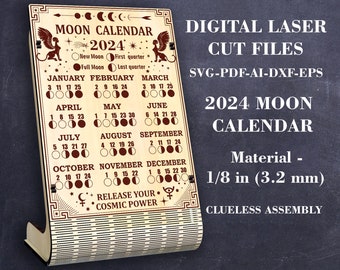 2024 Moon phase calendar SVG Lunar calendar svg Wicca calendar Witchcraft decor Digital laser cut file GlowForge files Lightburn files