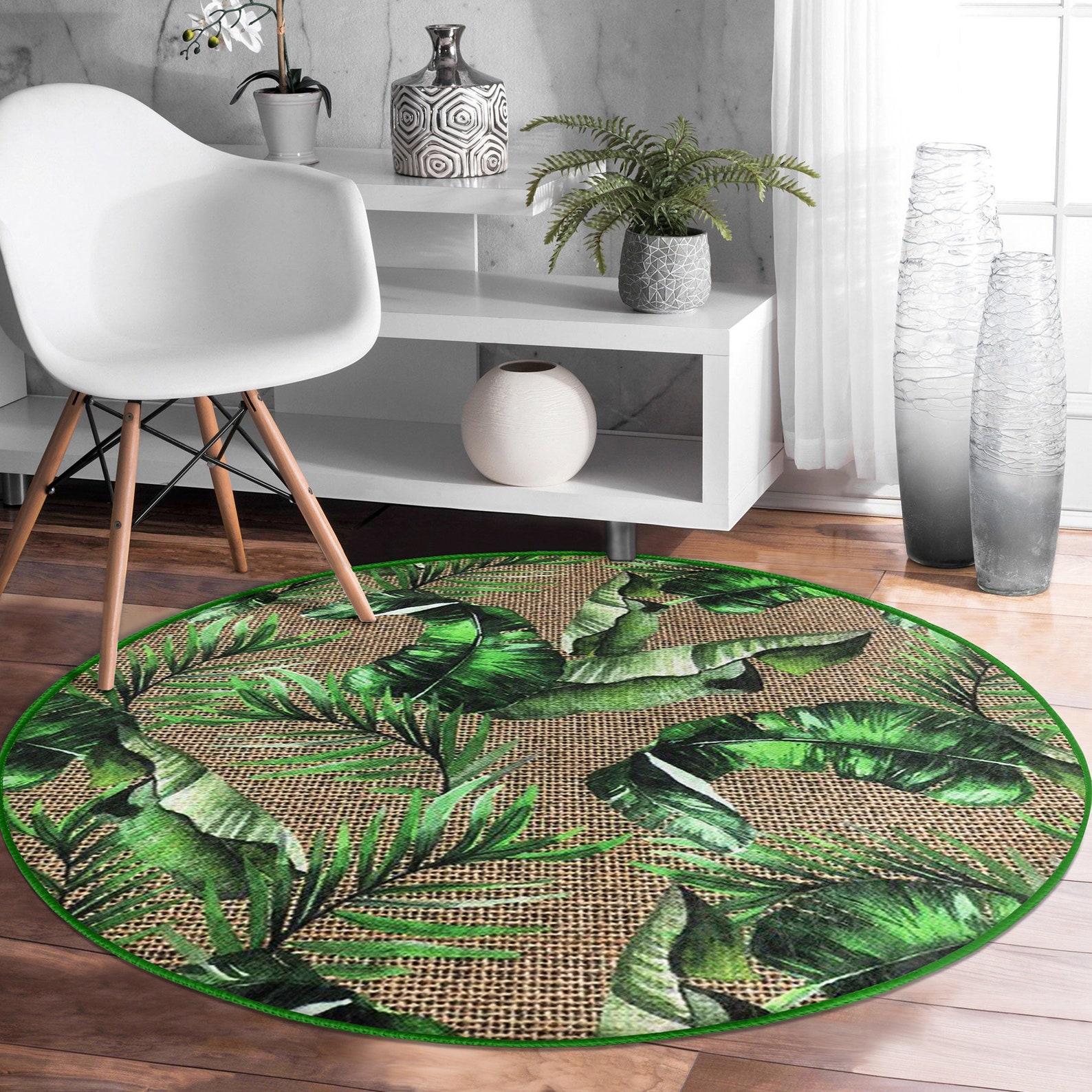 Green Leaf Flower Decorative Rug Green Round Rug Area Rug Etsy