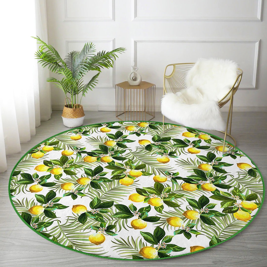 Lemon Leaf Flower Decorative Rug Green Round Rug Area Rug Washable Rug