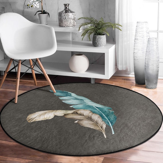 Blue and Yellow Feather Decorative Rug Grey Round Rug Area Rug