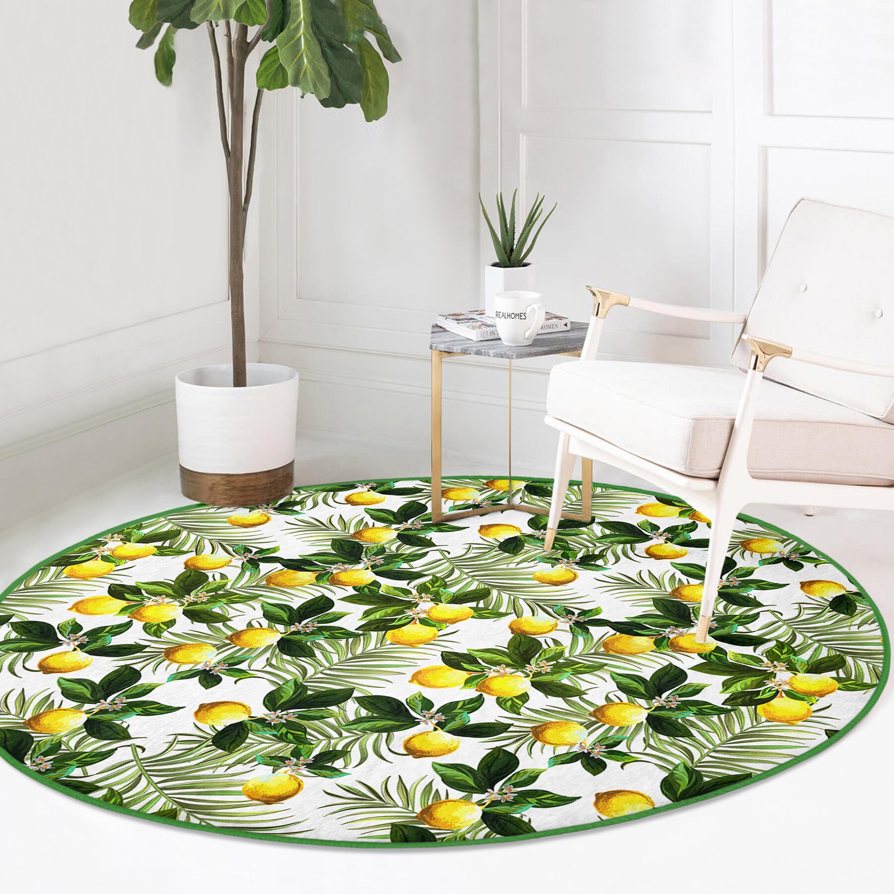 Lemon Leaf Flower Decorative Rug Green Round Rug Area Rug Washable Rug