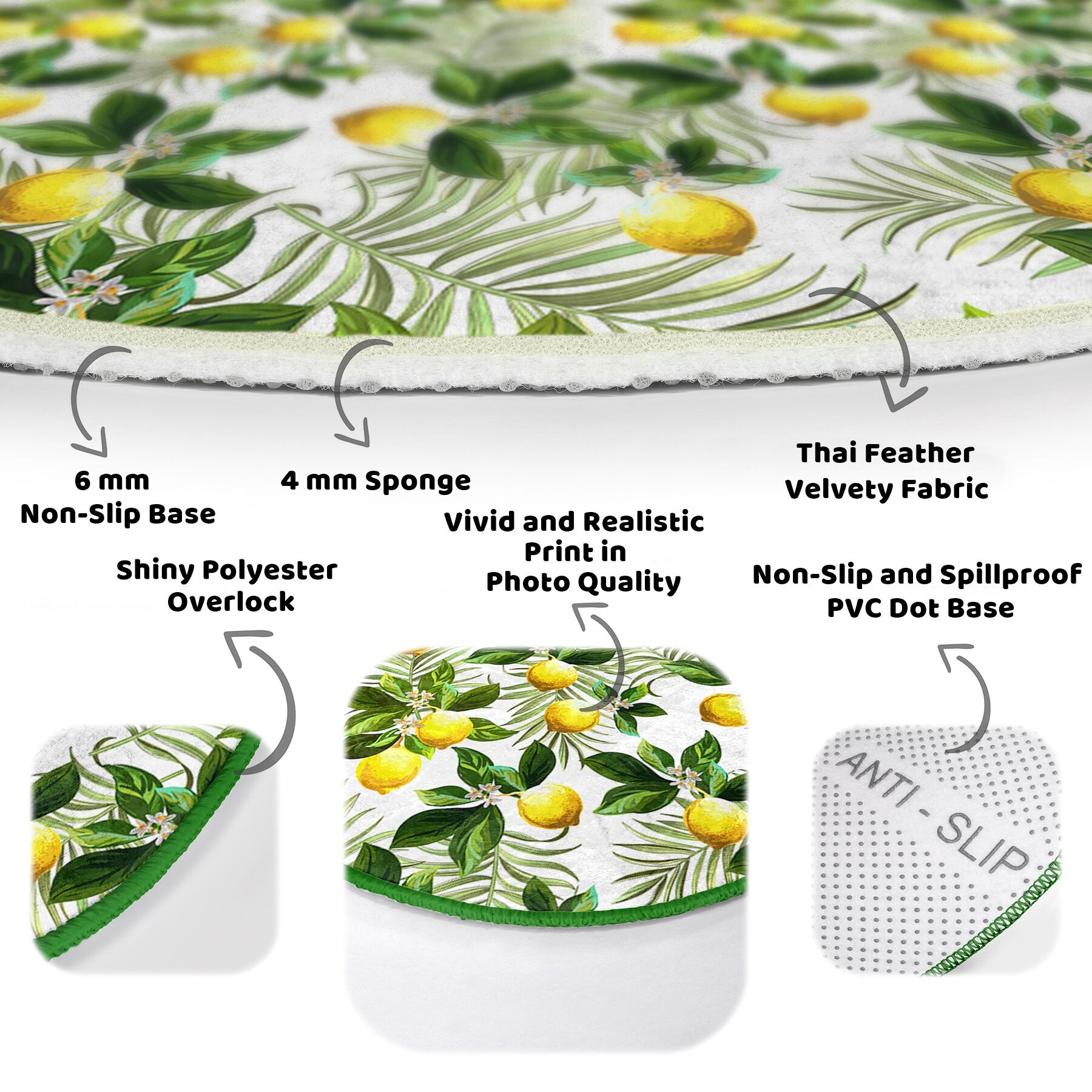 Lemon Leaf Flower Decorative Rug Green Round Rug Area Rug Washable Rug