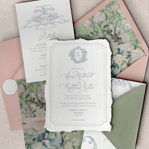 Venue Illustration Letterpress Hochzeitseinladungen, Hochzeitswappen Monogramm, Einzigartige Hochzeit lädt ein, Handgeschöpftes Papier Luxus Hochzeitskarten