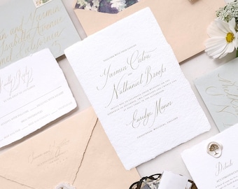 Classic Minimalist Wedding Invitation Suite, Bespoke Luxury Gold Foil Handmade paper Wedding Invites, Deckle Edge Romantic Wedding Invite