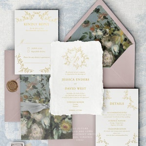Monogramm Hochzeitseinladungen, Goldfolie Luxus Hochzeitseinladung, Vintage Monogramm, handgeschöpftes Papier Einzigartige Hochzeit lädt ein, Hochzeitswappen