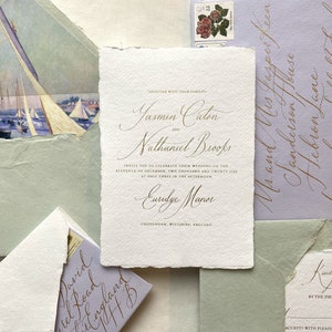 Invito a nozze minimalista elegante stampabile, calligrafia moderna personalizzata adatta per lamina dorata su carta Deckle Edge