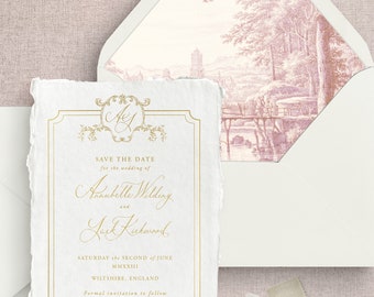 May include: Save the date card with a gold border and ornate design. The card features the names Annabelle Wildung and Jack Kirkwood, the date Saturday the Second of June MMXXIII, and the location Wiltshire, England. The text "Formal invitation to follow" is also included.