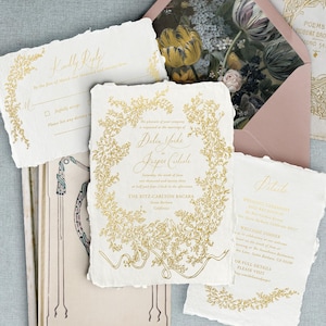 Fine Art Wedding Invitations on Handmade Paper, Luxury Gold Foil Stationery with Custom Calligraphy, Romantic Floral Wedding Suite