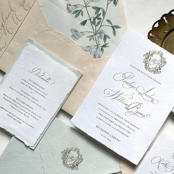 Heirloom Crest Gold Foil Invite: Deckle Edge, Handmade Paper Wedding Suite, Custom Calligraphy, European Vintage Style, Sample Set