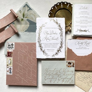 Faire-part de mariage botanique imprimable adapté à l'impression sur du papier fait main Deckle Edge, calligraphie personnalisée de style vintage européen