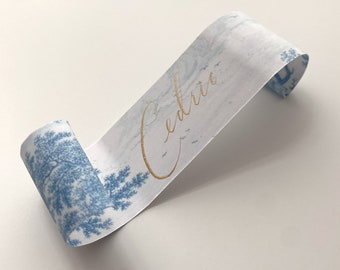 Hand-Lettered Calligraphy Scrolls: Custom Wedding Place Cards, Bridal Shower, Personalized Place Cards, Vintage Toile Print, Curled Design