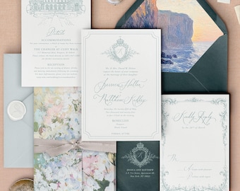 May include: Elegant wedding invitation suite featuring a central invitation with the names "Jessica Hallen" and "Matthew Kadley" in script. Includes RSVP card, details card, and an envelope with a landscape painting inside. The suite is in shades of white, blue, and green.