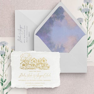 Tarjetas de guardar la fecha frustradas en oro atemporal, ilustración personalizada del lugar, papel hecho a mano de algodón, diseño de lujo de invitación de boda personalizada única