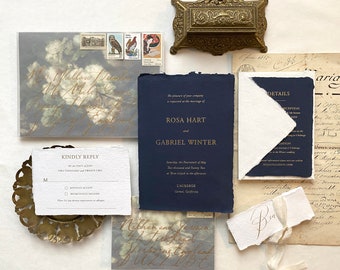 Premium Gold Foil Wedding Invites: Luxury Deckle Edge Suite on Handmade Paper, Classic & Timeless Elegance, Sample Set